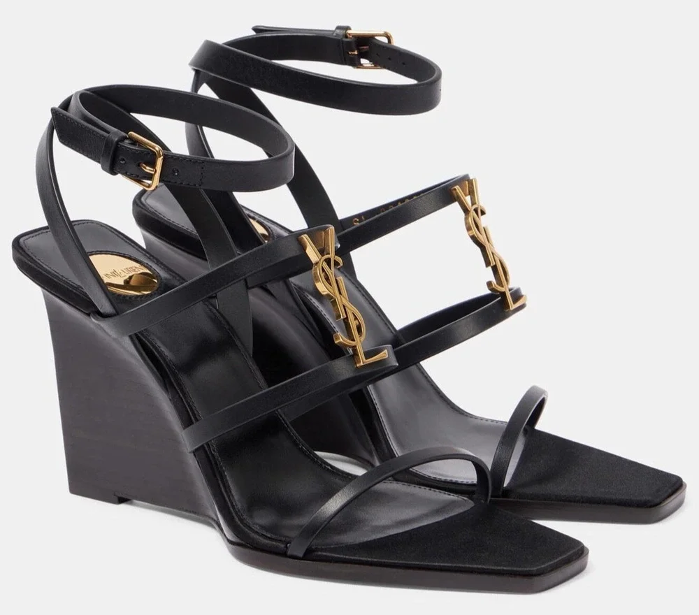 Saint Laurent YSL Logo Cassandra 90 Black Ankle Strap Wedge Sandal Heel 38.5